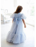 Puff Sleeves Blue Tulle Pearl Flower Girl Dress